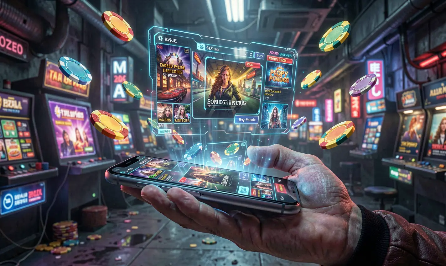 User interacting with the F2222 casino app as holographic coins and chips rise from the smartphone in a futuristic gaming scene