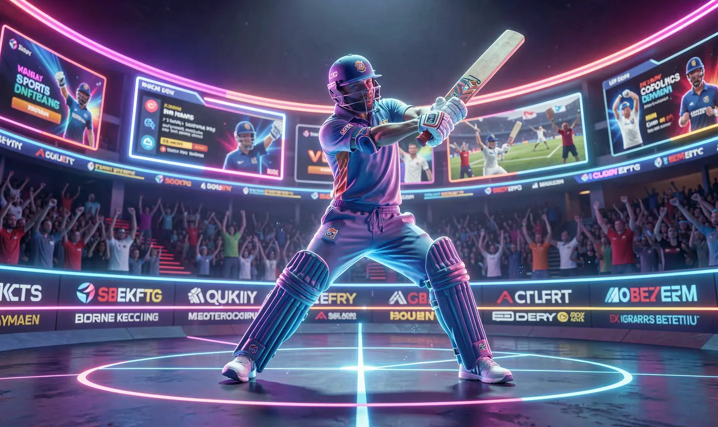 Futuristic digital cricket player in motion with glowing effects representing dynamic sports betting on F2222 in Bangladesh