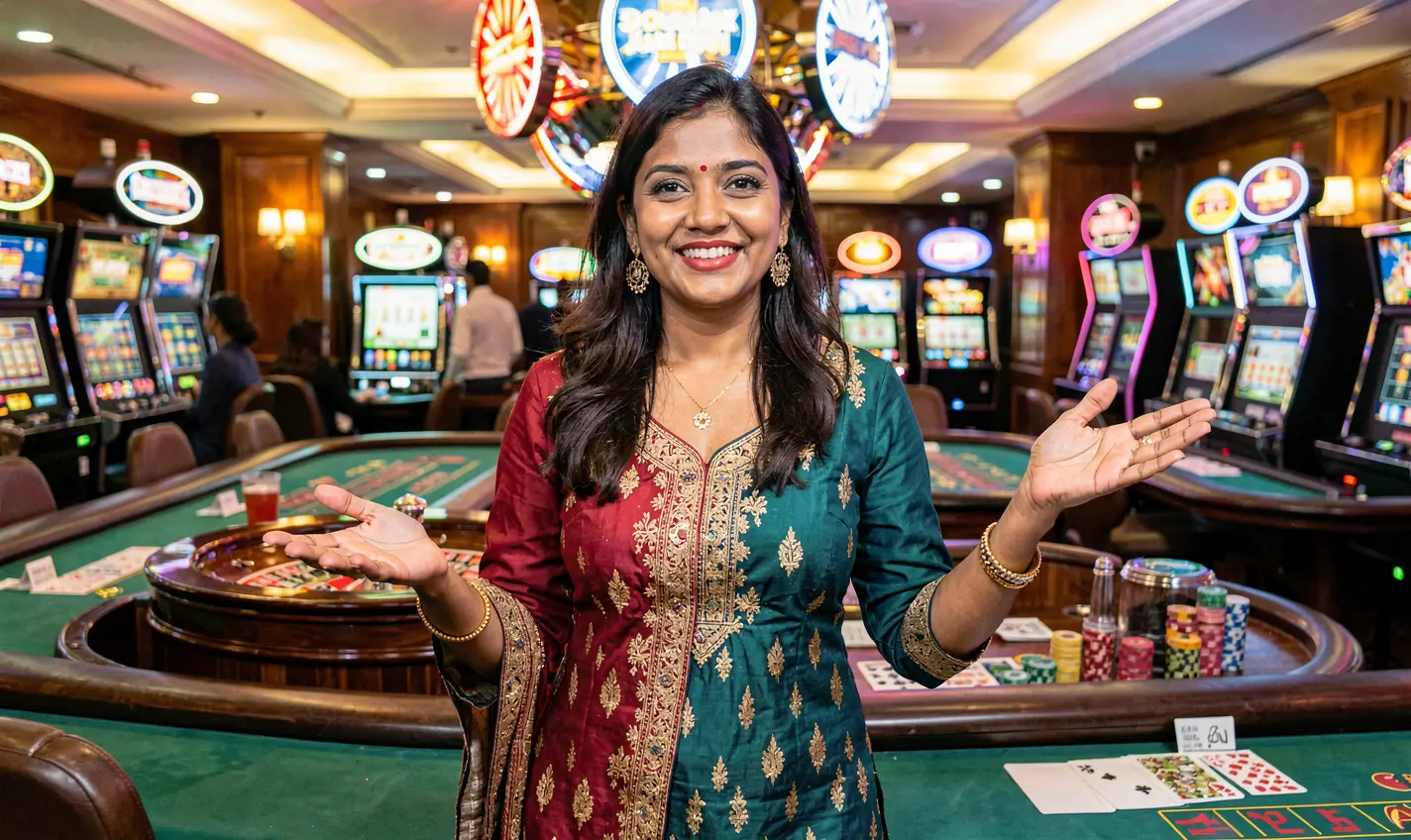 Elegant casino hostess with playing chips and roulette lights in the background representing the premium gaming experience and bonus offers at F2222 for players in Bangladesh