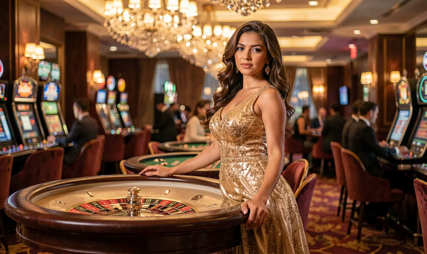 Confident casino hostess standing at a roulette table in a vibrant gaming hall, showcasing the thrilling atmosphere of F2222 casino for players in Bangladesh
