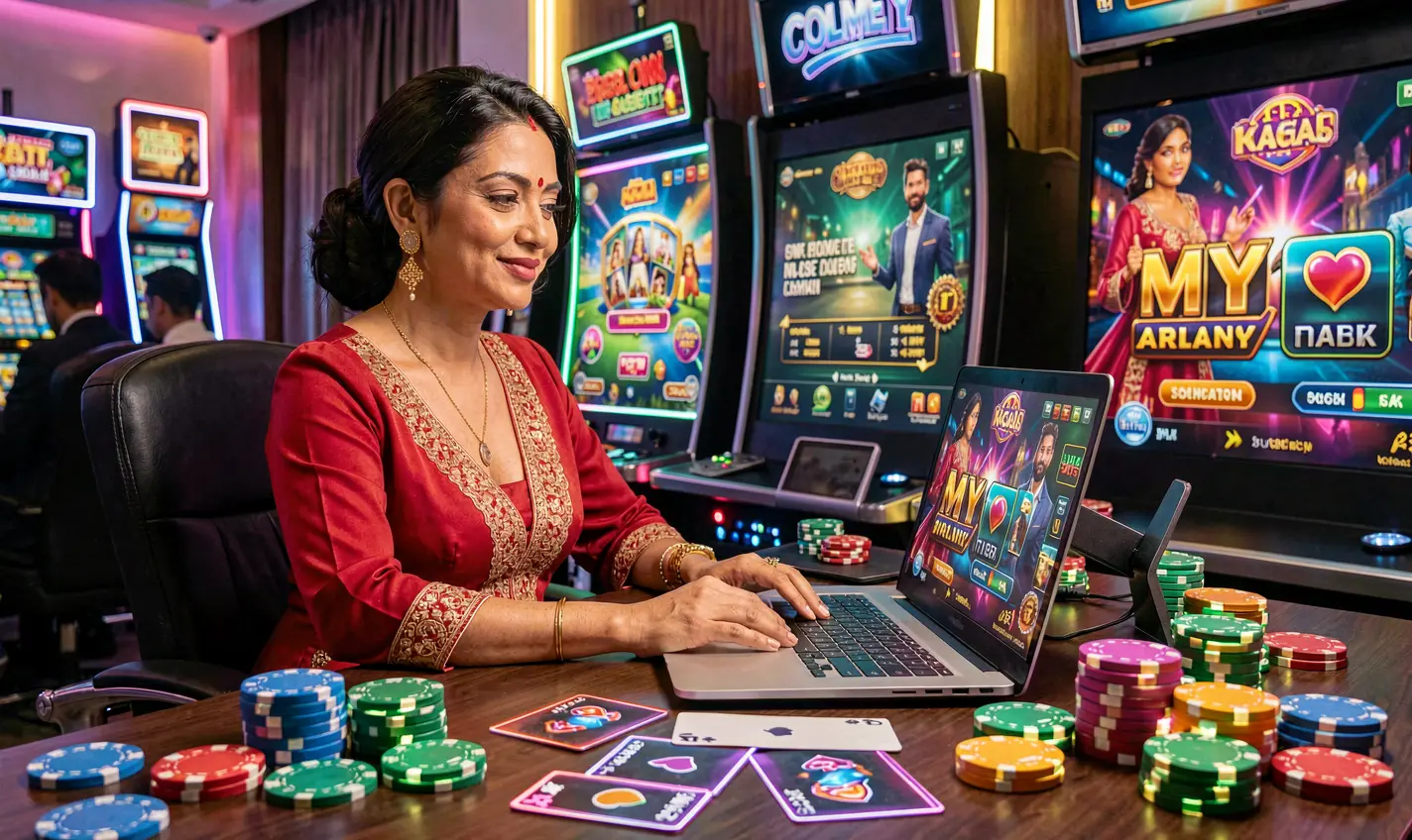 Stylish Bangladeshi woman in a red dress playing online casino games on a laptop with glowing chips and digital card effects on F2222