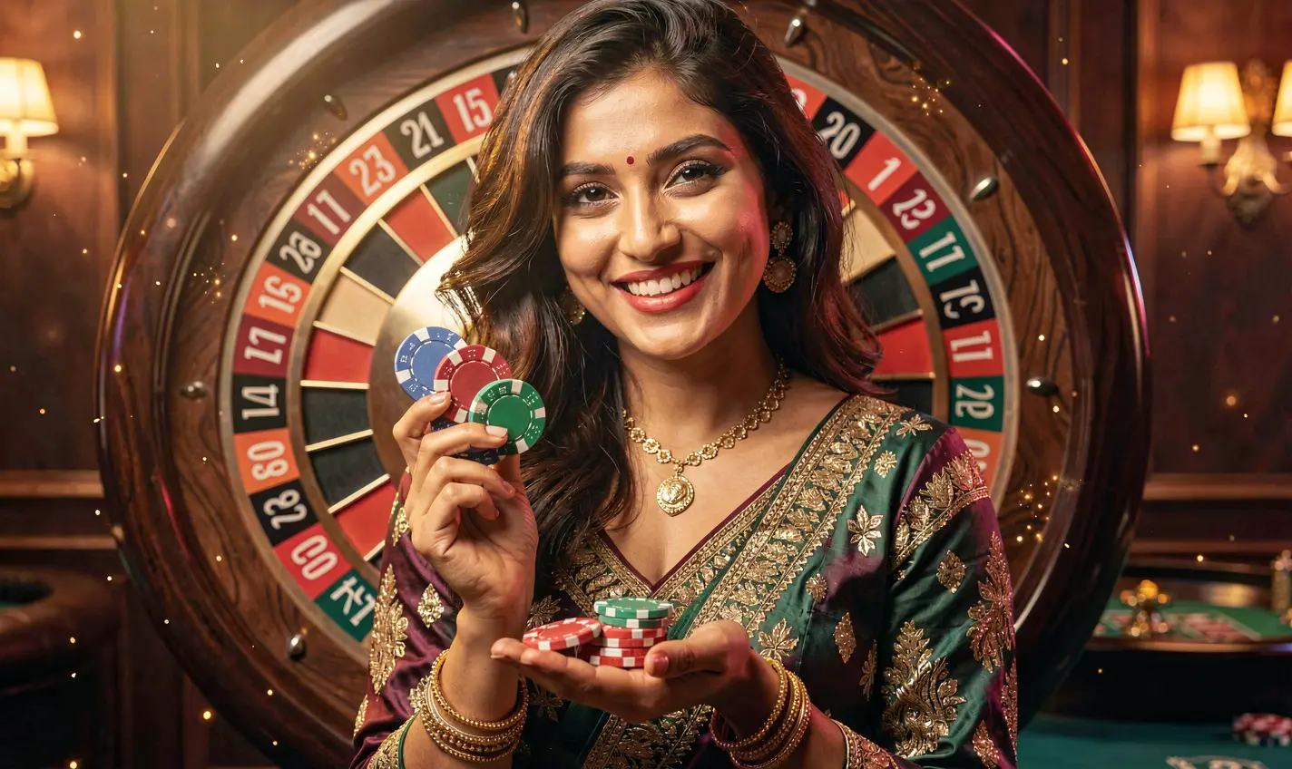 F2222 – Join exciting live casino action designed for Bangladesh Stylish casino woman holding poker chips in front of a glowing roulette wheel showcasing the premium gaming atmosphere of F2222 casino in Bangladesh