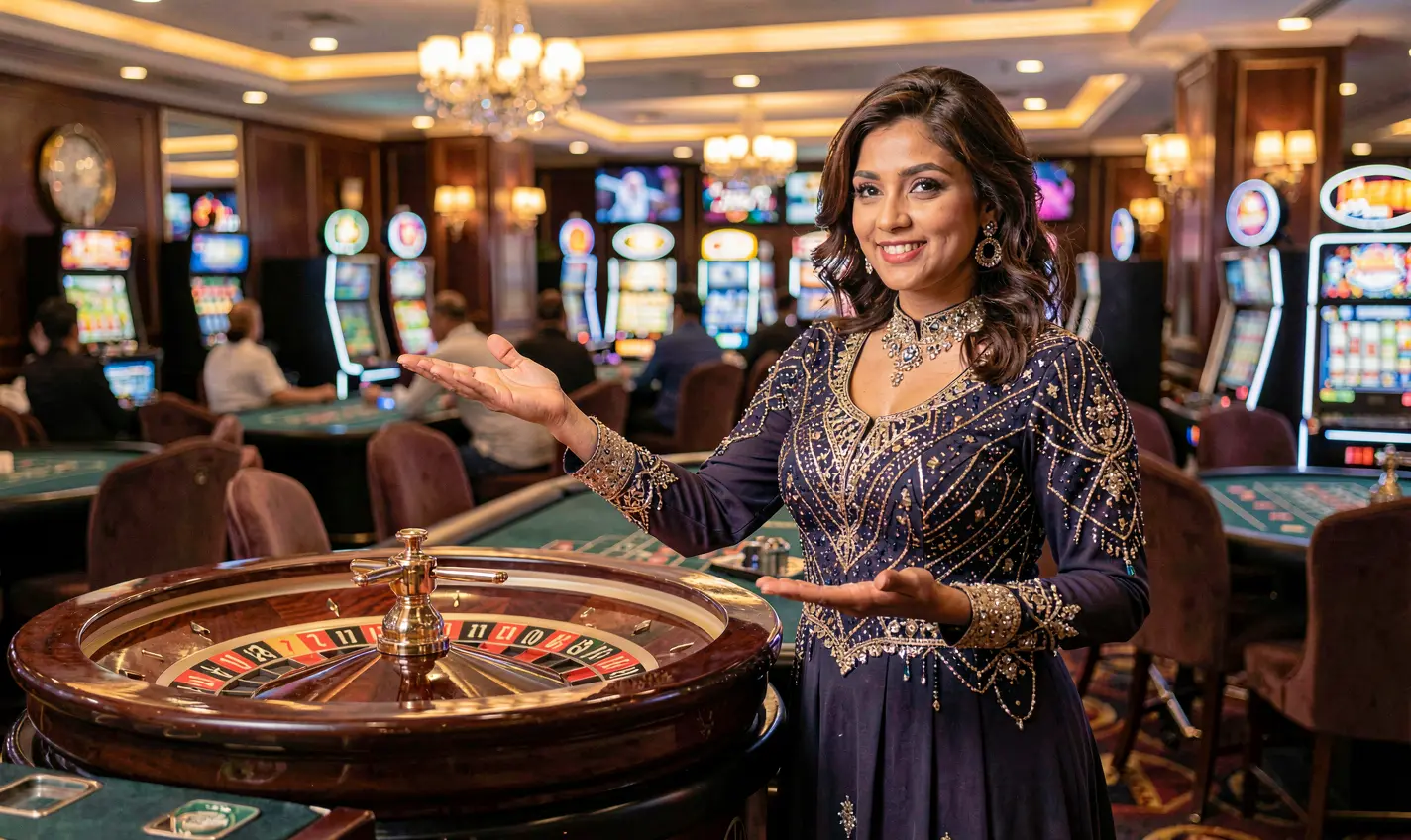 F2222 – Step into an exciting live casino world made for Bangladeshi players Smiling casino hostess in a sparkling evening dress welcoming players to a vibrant roulette table atmosphere at F2222 casino for Bangladesh