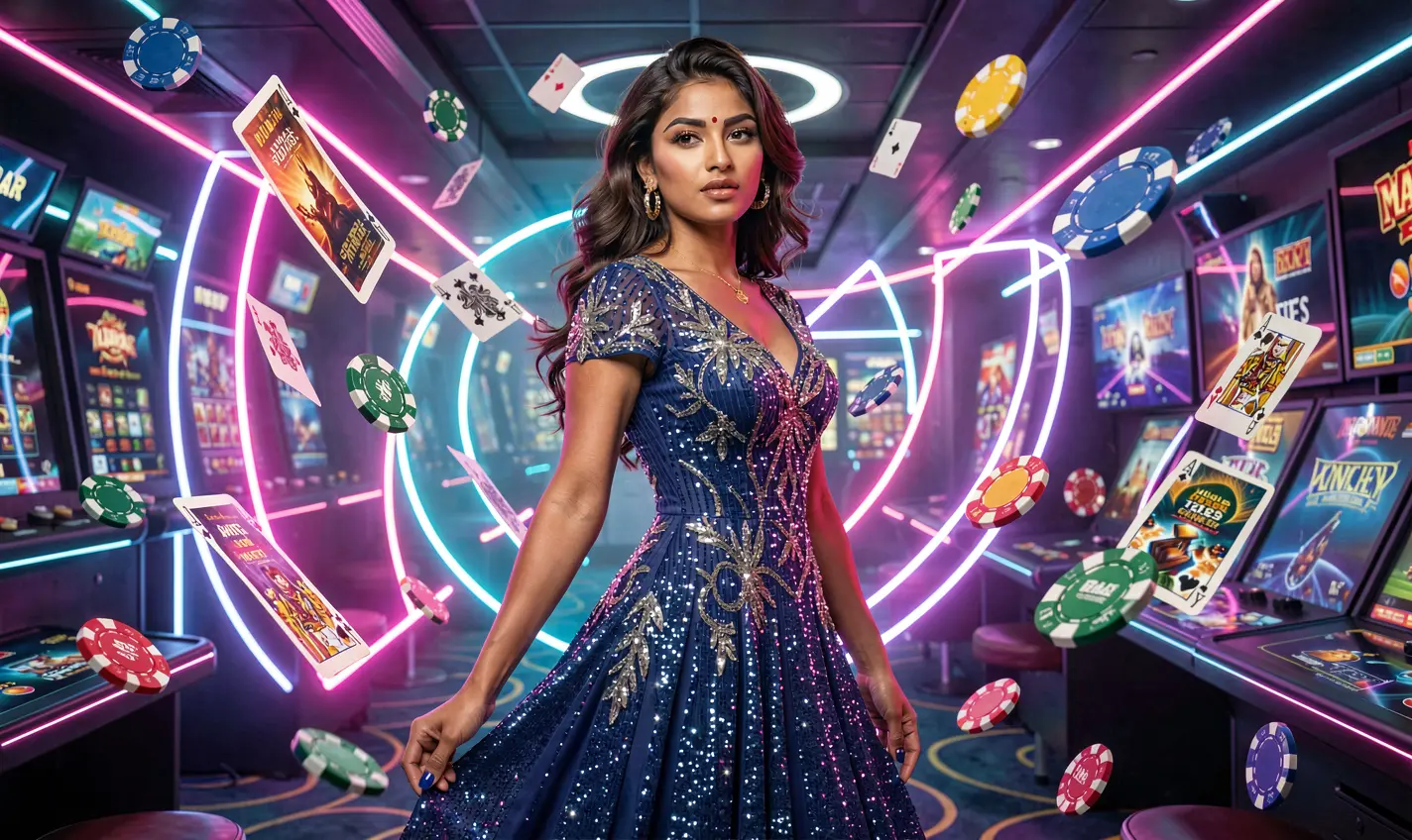 F2222 – Step into an exciting world of casino entertainment in Bangladesh A stylish casino scene with a glamorous woman in a sparkling dress and flying chips, highlighting the excitement and premium gaming environment of F2222 for Bangladesh