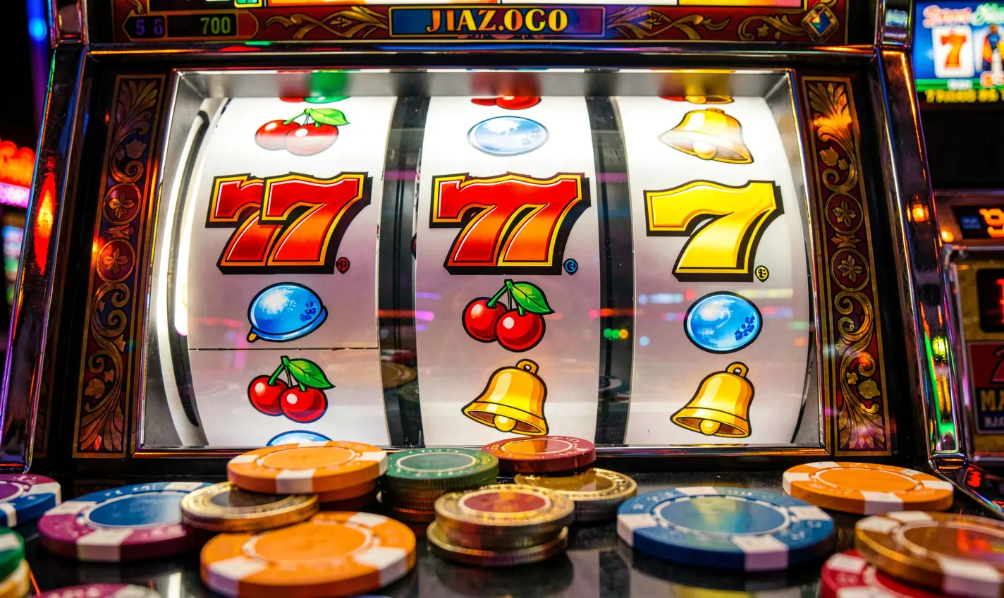 Close-up view of a classic slot machine with triple sevens and scattered gold coins highlighting the premium casino atmosphere of F2222 for players in Bangladesh